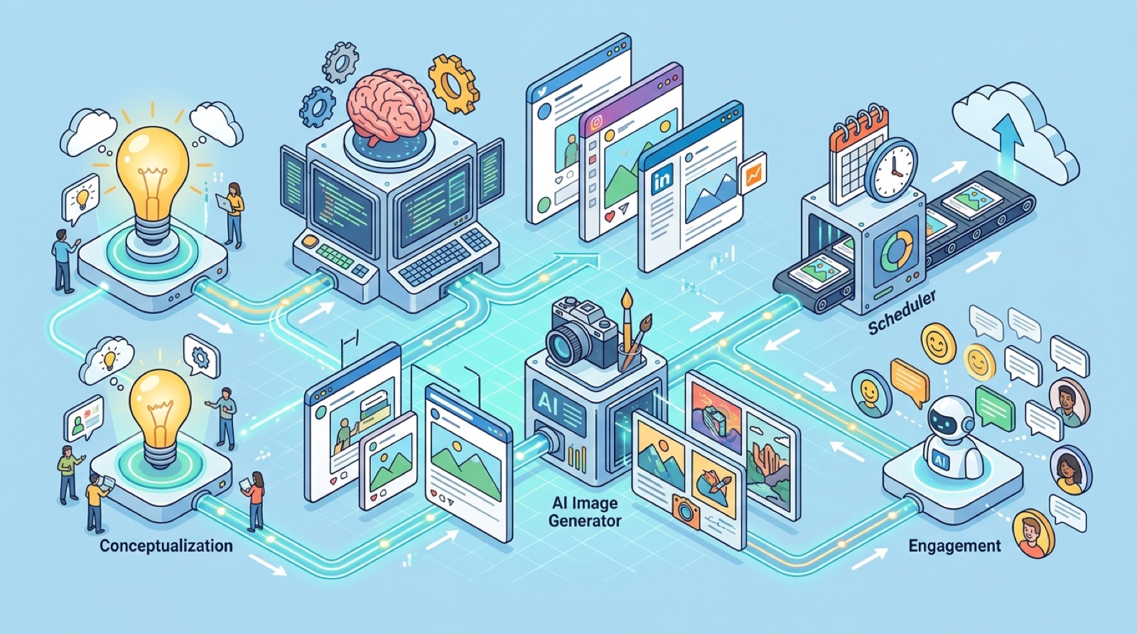 AI social media dashboard showing scheduled posts across LinkedIn, X, Instagram, and TikTok