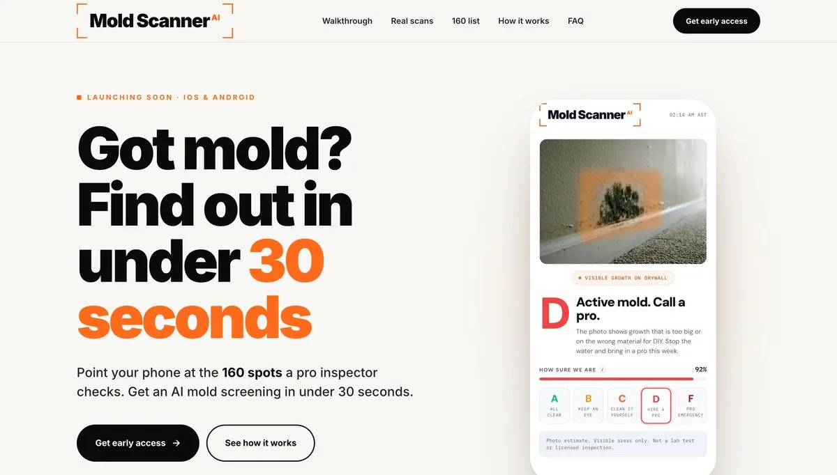 Mold Scanner AI app site built by Tested Media, SEO company serving Mesa